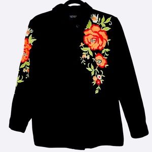 TOPSHOP FLORAL embroidery Black Jacket with Beautiful Coral/Red/Orange Flower!